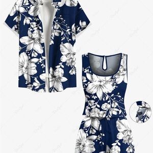 Floral Hawaiian Couples 2 Piece Matching Set Mens Shirt XL Womens Romper Med